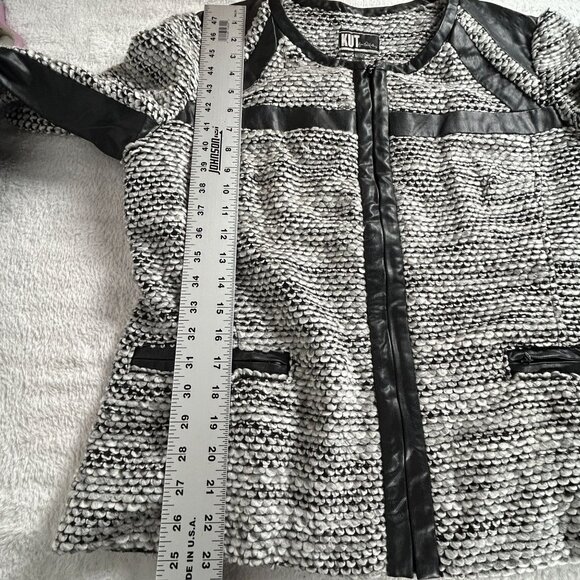 Kut from the Kloth Brandon Boucle Tweed Faux Leather Trim Jacket XL Black White - Picture 9 of 9